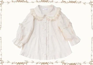 Beige ivory Lolita blouse with ruffled lace Peter Pan collar, vertical pintuck panels, and A-line silhouette displayed in studio flat lay