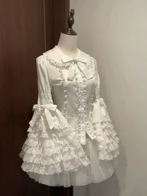 ivory-classic-lolita-hime-sleeve-blouse-front-view-dress-form-peter-pan-collar-bow-layered-lace-flared-sleeves