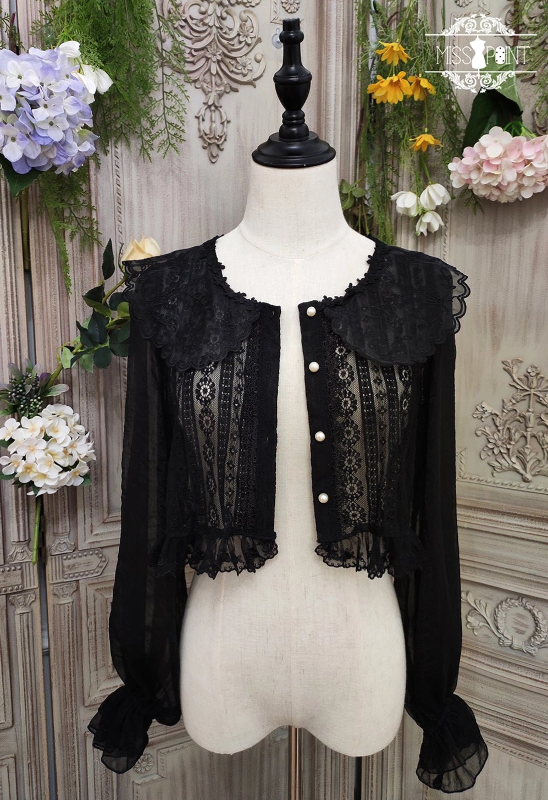 ivory lolita blouse with floral lace front back and embroidered collar elegant detail