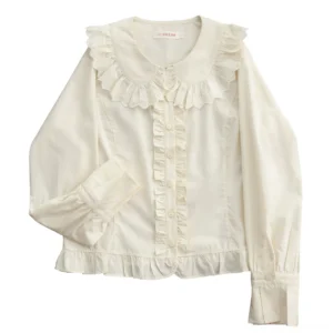 ivory lolita cotton blouse front view peter pan collar lace trim ruffled placket and hem long sleeves buttoned cuffs plain background
