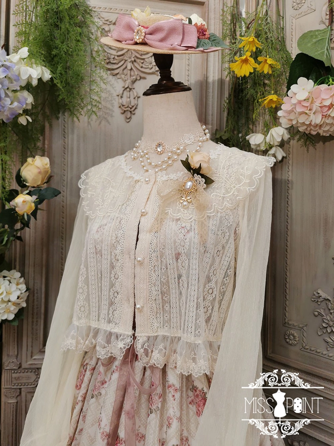 ivory long sleeve retro lolita blouse with lace lapel and pearl buttons Victorian romance