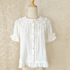 Ivory Peter Pan collar sweet lolita blouse with ruffled lace trim front-facing display on dress form showing pearl buttons and pleated design