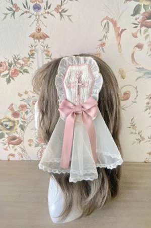 Ivory-pink Gothic Lolita hair veil headbow with cross embroidery and ruffled lace edge back display