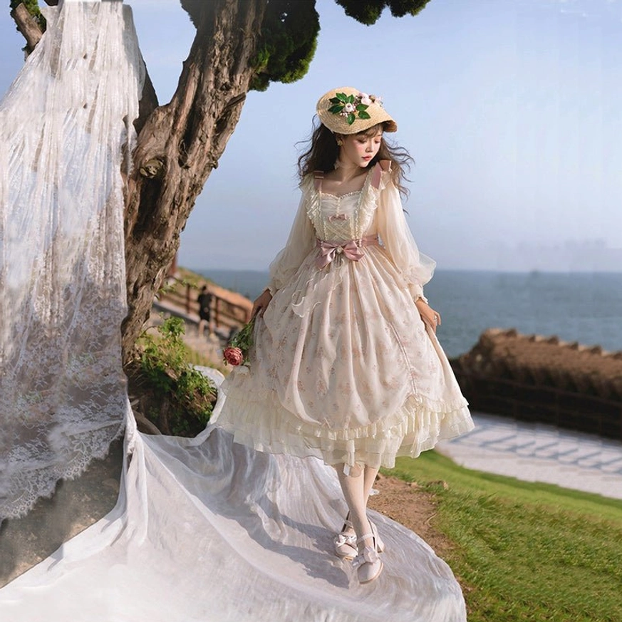 Ivory lolita princess OP dress full-body side profile shot showing solid cream tone, slim fitted bodice, ruffled sleeve cuffs, flowy midi-length skirt with volume, vintage charm details
