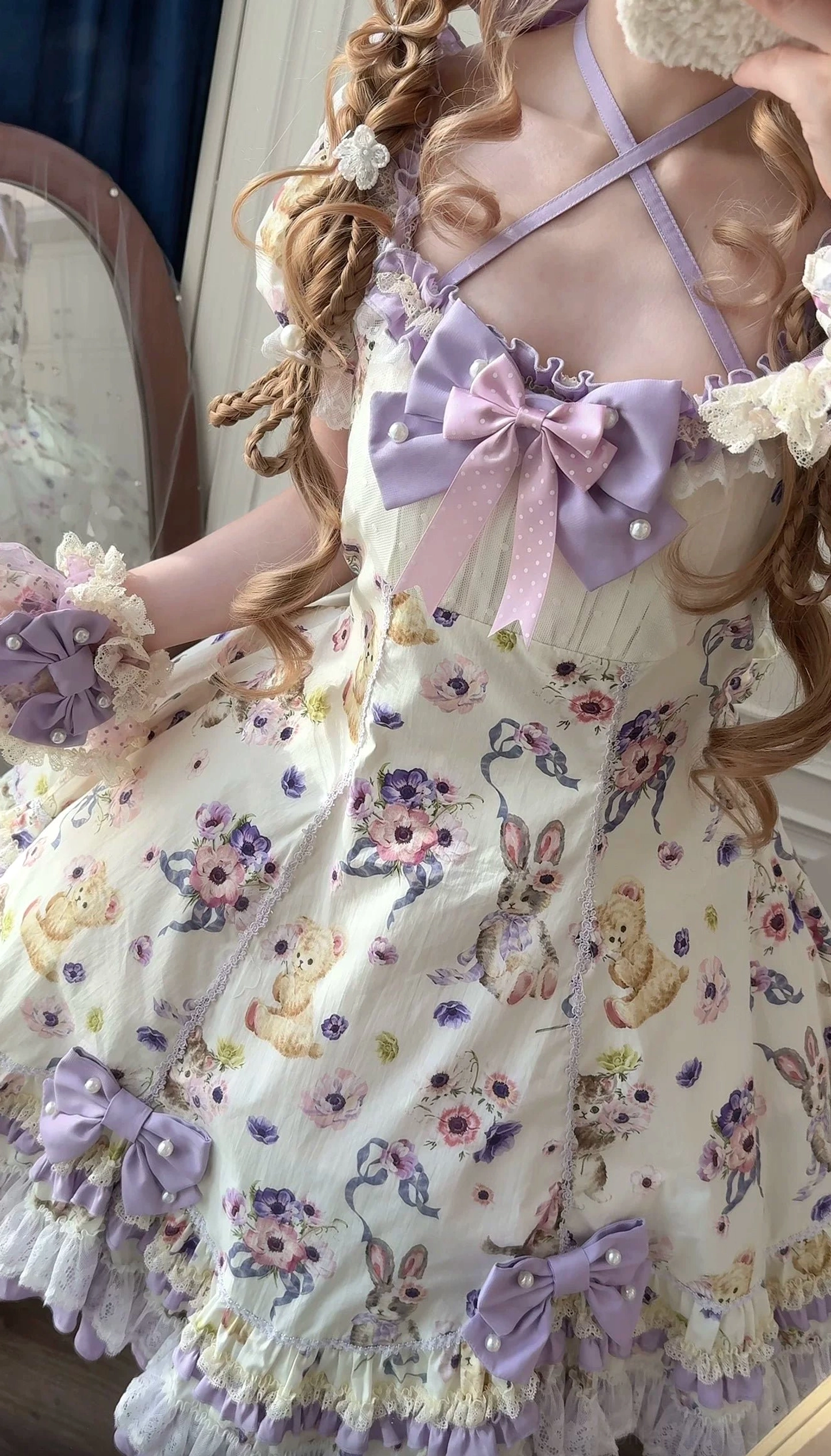 Ivory and purple colorway swatch label for Honey Bear Halter sweet lolita OP dress, showing available color option variant