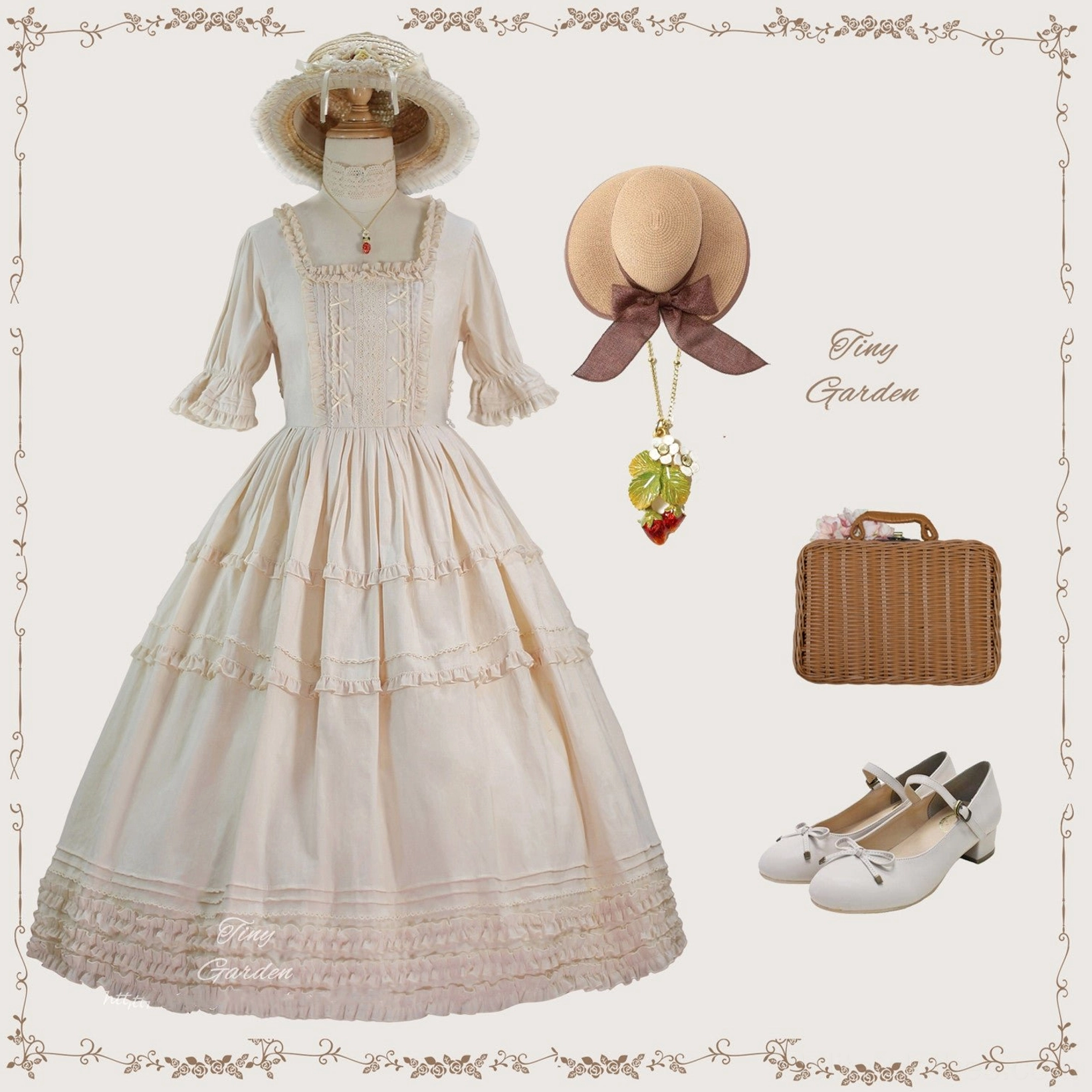 Cream ivory square collar pin tucks lolita OP dress with coordinating picnic-style vintage accessories woven suitcase straw hat and white flat shoes flat lay display