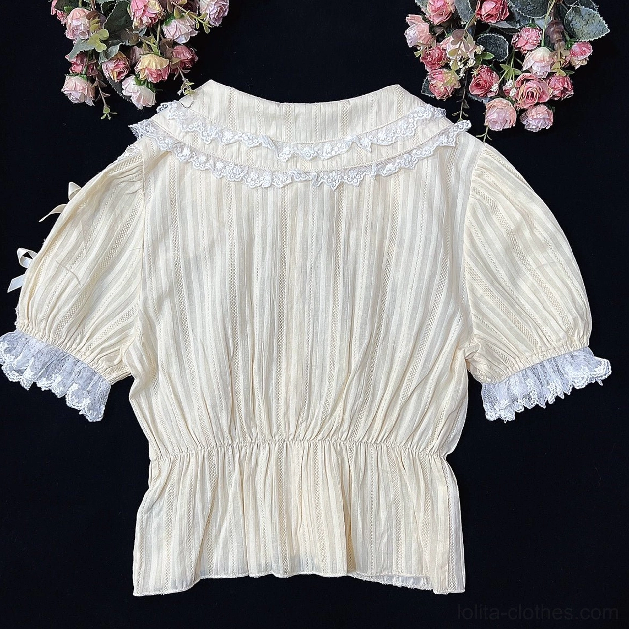 Sweet lolita blouse ivory short sleeve puff sleeves lace-trimmed collar casual lolita coordination