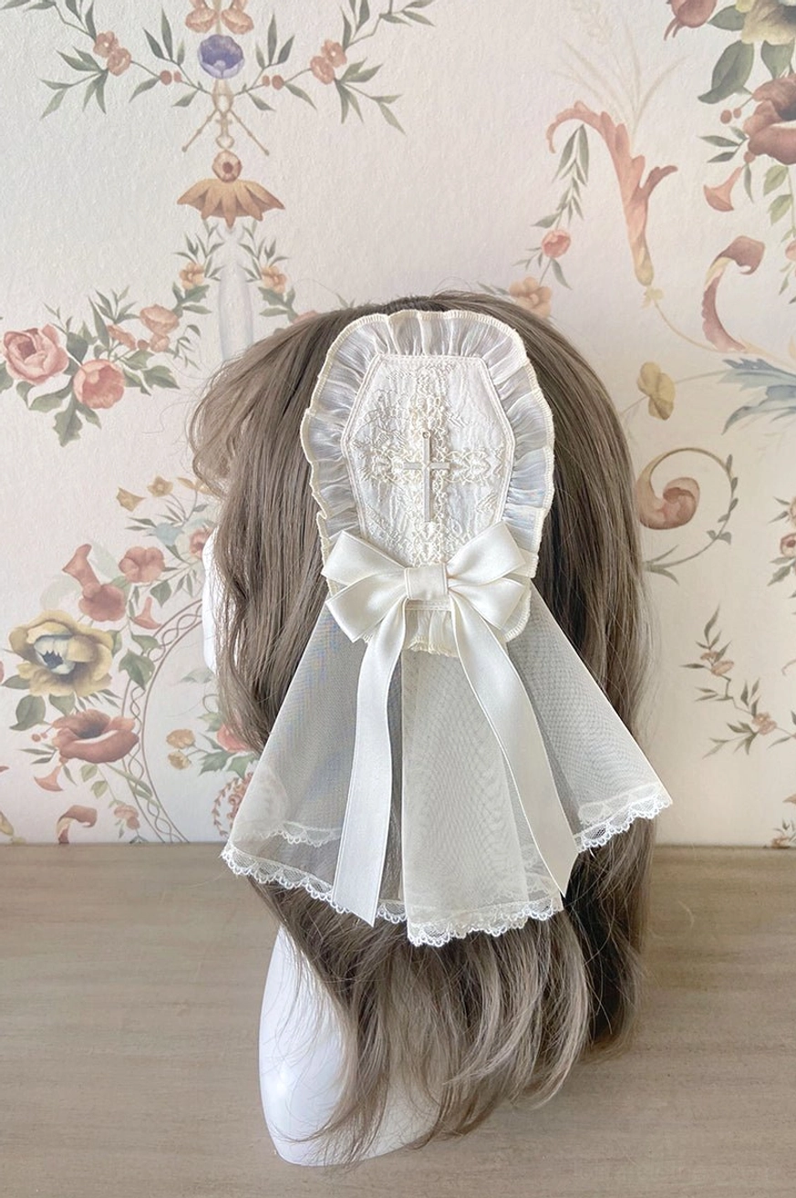 Ivory off-white Gothic Lolita hair veil bow clip with cross embroidery and lace trim headpiece