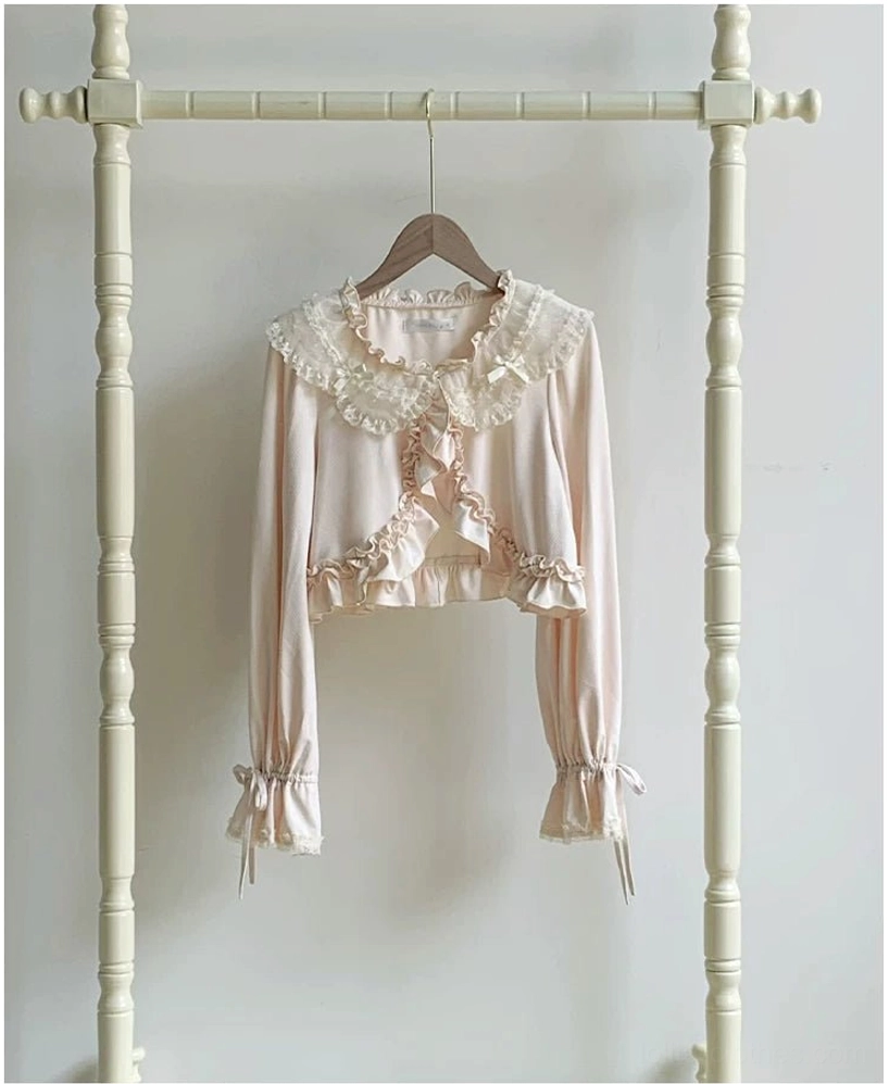 Ivory white sweet lolita bolero sun protection cardigan clean front product shot flat lay showcasing cropped slim fit silhouette lace details