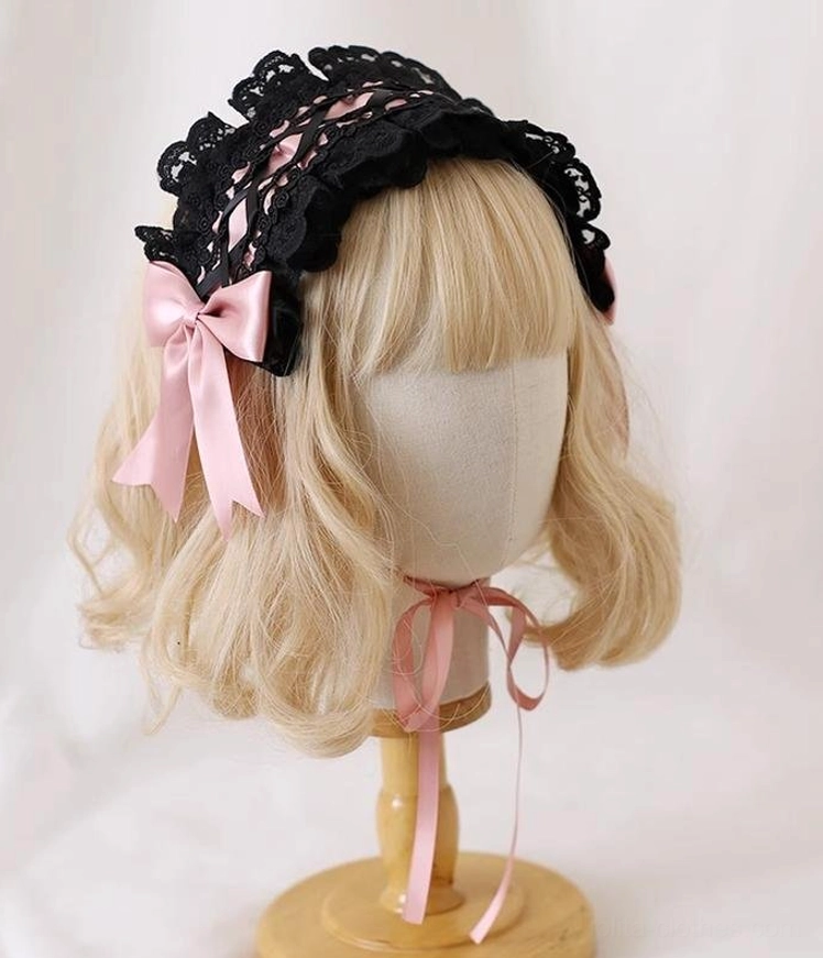 Japanese Lolita cat ear headdress without detachable ears showing pure lace design with subtle satin bow and matching coordinating neck strap