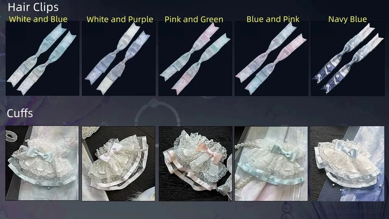Detailed flat lay display of lolita hair clips with five color variants and ruffled lace cuffs accessories with jellyfish embroidery matching dress collection