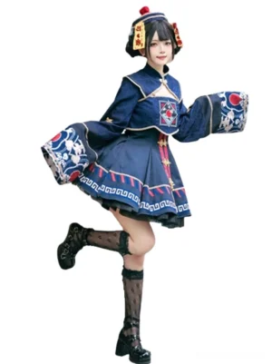 Jiangshi Lolita jumper dress coat set front full body studio view navy blue mandarin collar embroidered chest