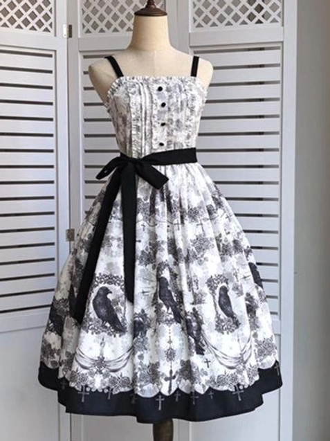 JSK only gothic lolita jumper skirt mannequin display crow print adjustable spaghetti straps detachable waist tie black ruffled hem