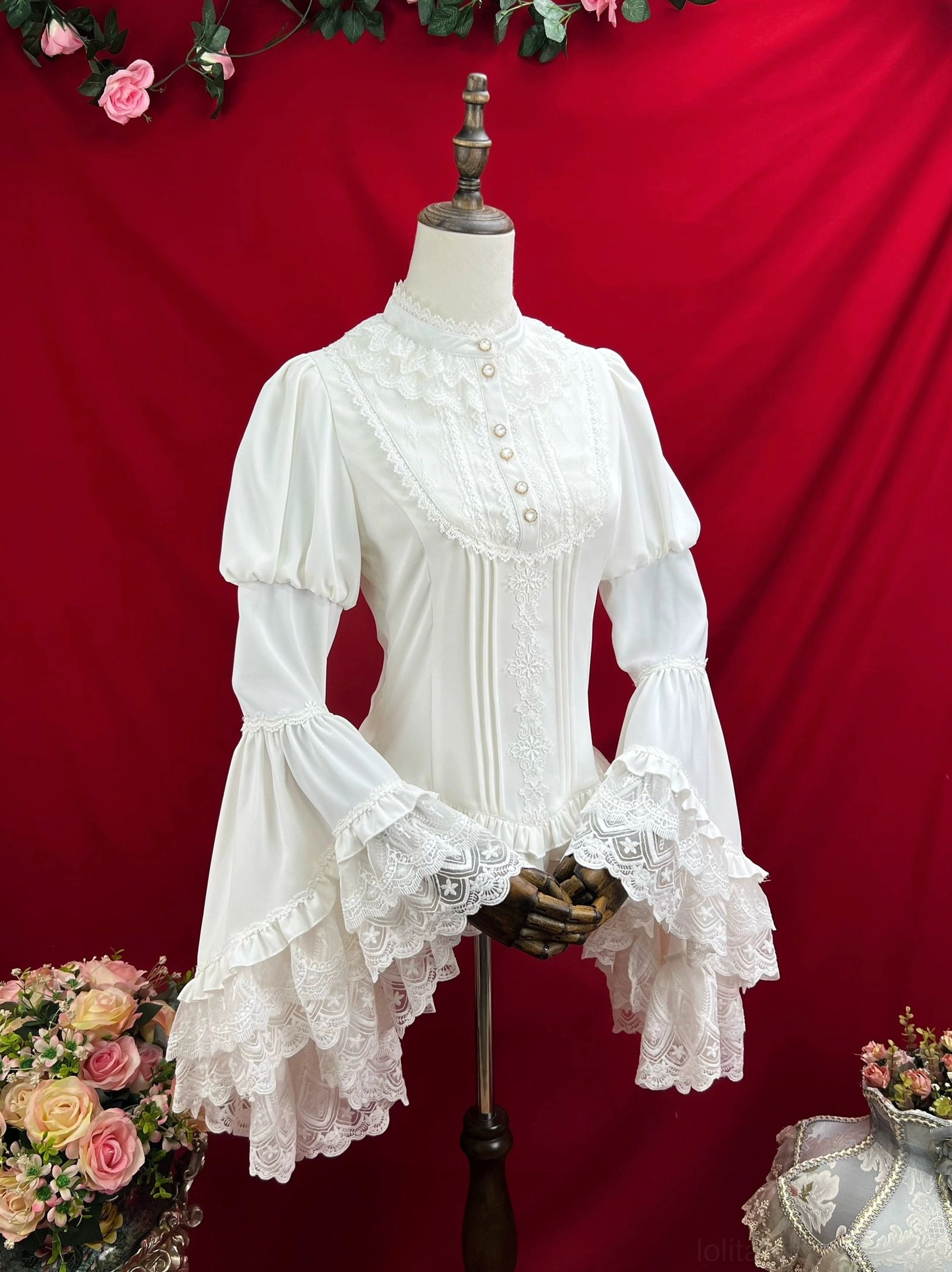 Juliet and princess sleeves Lolita blouse full length styling on dress form showcasing romantic sleeve proportions and Victorian silhouette