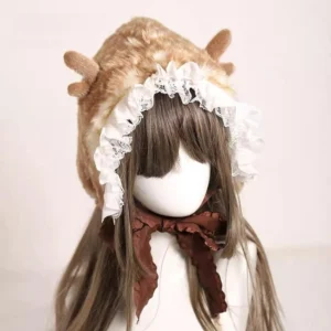 Front view of brown plush deer ear lolita winter hat with white ruffled lace trim, worn on mannequin displaying kawaii headdress design with adjustable tie straps