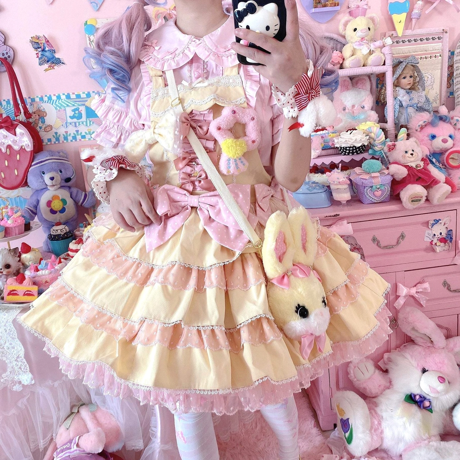 Kawaii lolita blouse photography shoot showing embroidery and doll collar details for fashion content creation