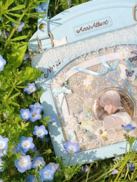 Kawaii lolita checkered itabag professional product photography multiple angles display cards visible structured design