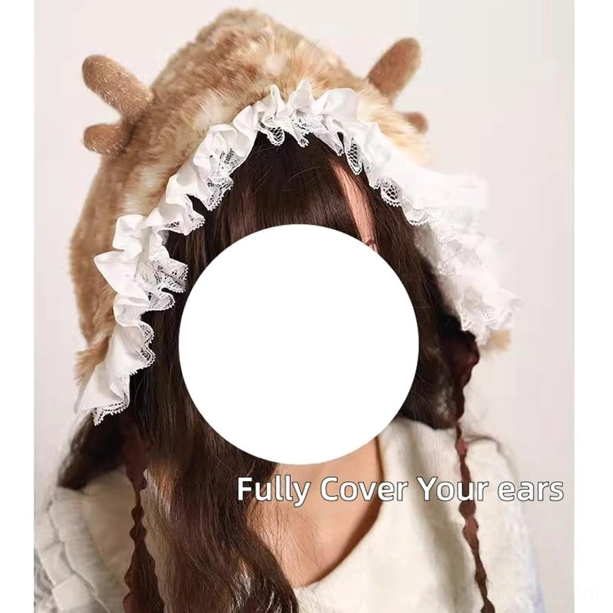 Front headshot wearing brown plush deer ear lolita winter hat with white ruffled lace brim demonstrating full ear coverage and kawaii aesthetic