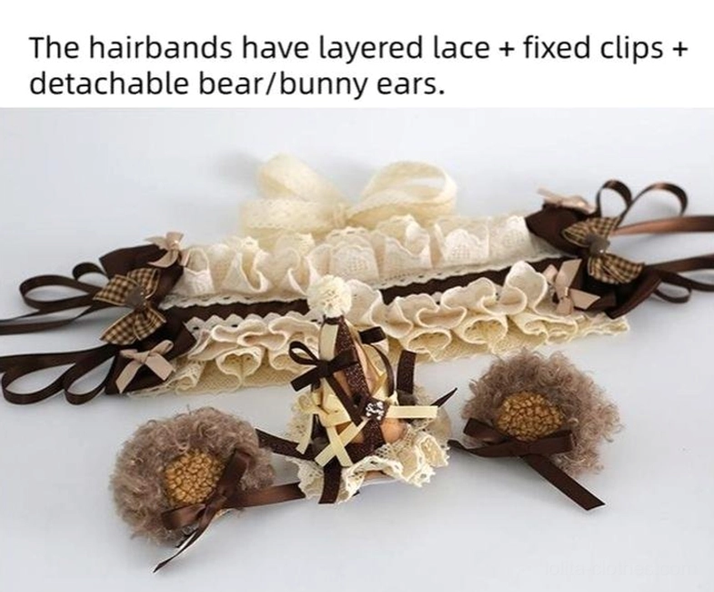Full kawaii lolita headdress accessory set in flat lay composition showing layered lace headbands detachable bear ears satin ribbons bows and ice cream cone clips on white background complete collection
