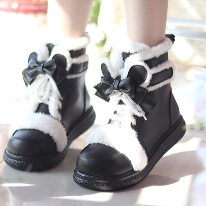 Kawaii lolita plush winter ankle boots detailed construction view highlighting premium PU leather, flexible flat sole, and bow-accented lace-up closure system