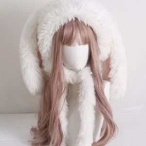 Kawaii lolita plush rabbit-eared hood with dangling pink inner ear lining and soft off-white plush fabric, front three-quarter view on mannequin with long wig