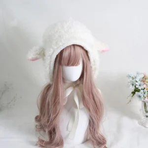 Kawaii lolita sheep ear earflap hat with pink tipped ears and satin chin bow - front three-quarter view on mannequin