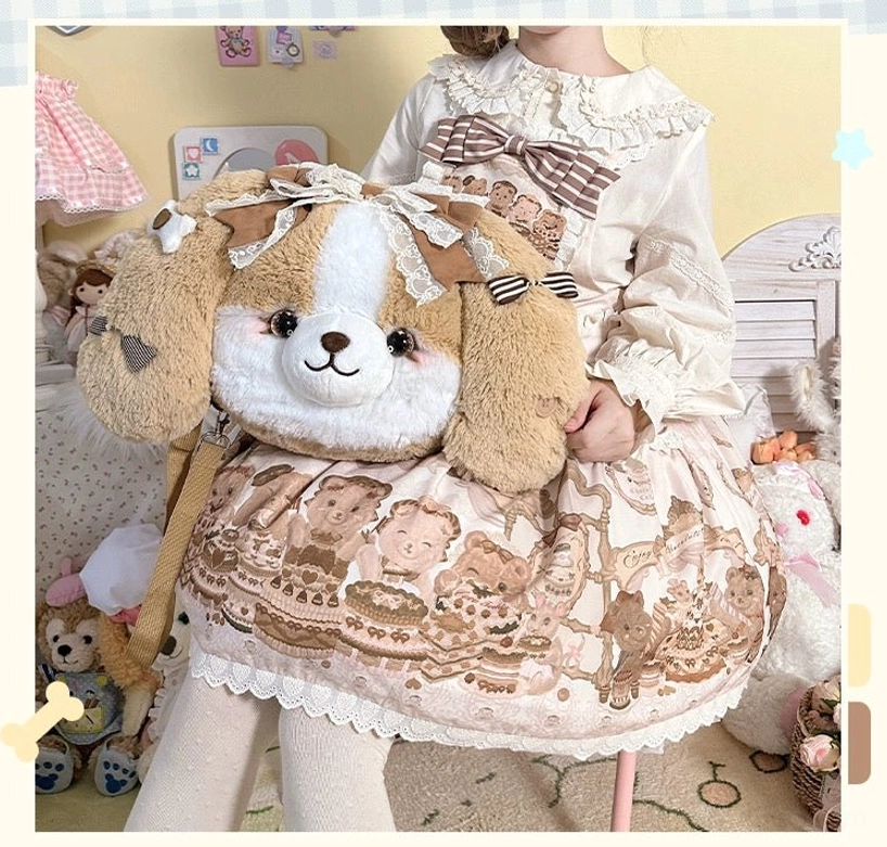 Kawaii plush puppy backpack flat lay display showing lace trim bow details and stitching craftsmanship for lolita fashion coordinate