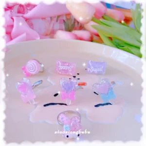 Kawaii Sweet Lolita resin candy rings collection with pastel heart lollipop and bunny character charms