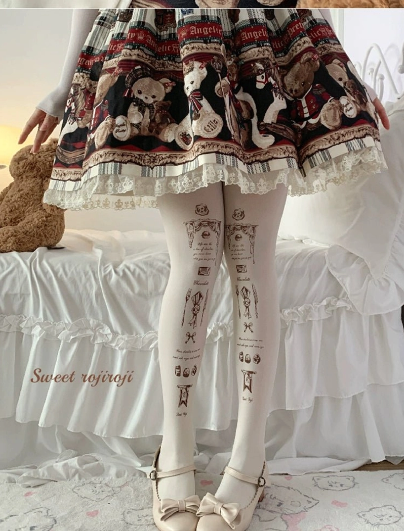 Full front view white base vintage tattoo pattern lolita stockings bear print dress teddy bear bedroom decor mary jane flats