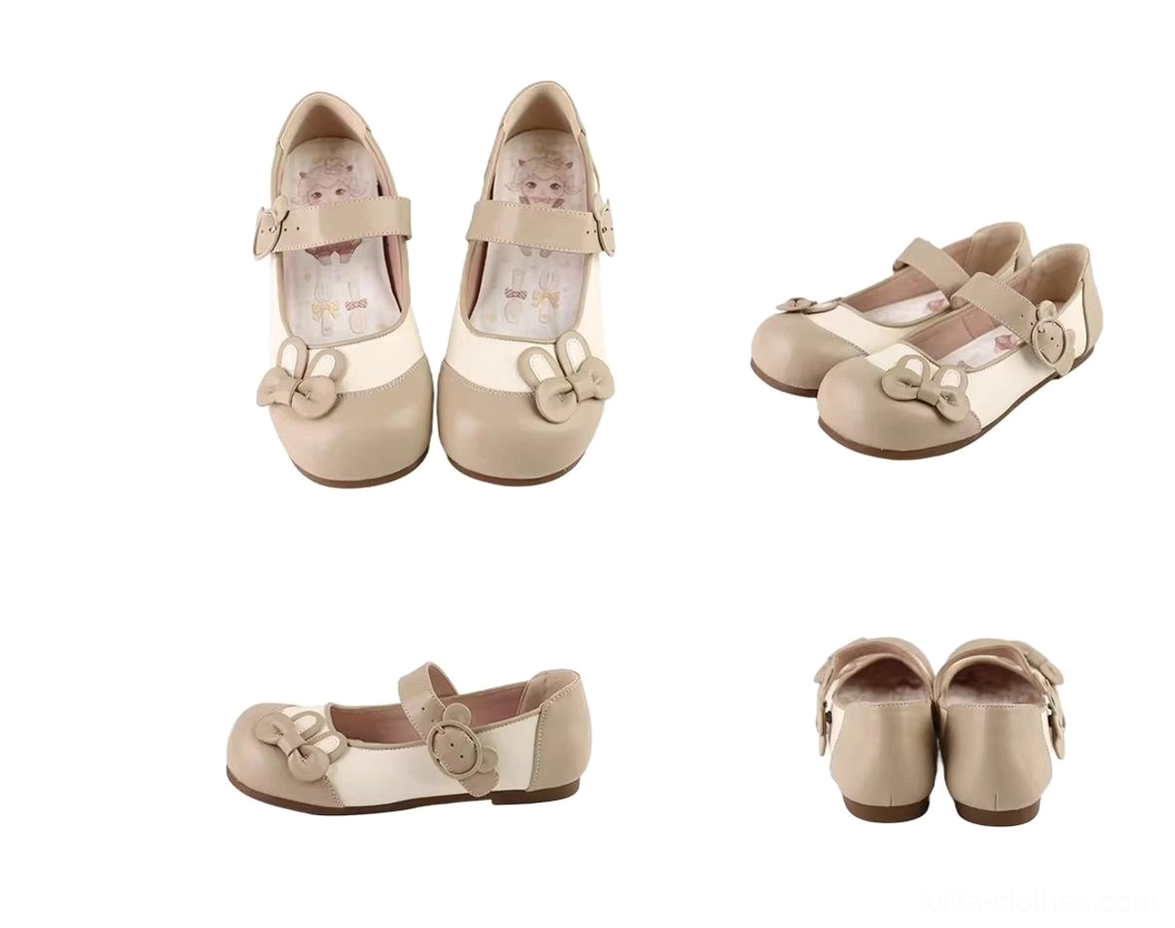 Khaki bunny ear lolita mary jane flat shoes product photo showing bear-shaped adjustable buckle strap comfort features and authentic kawaii design elements