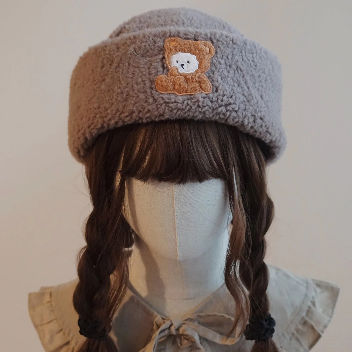 Taupe grey-brown sherpa fleece landlord beanie with embroidered bear details lolita winter headwear
