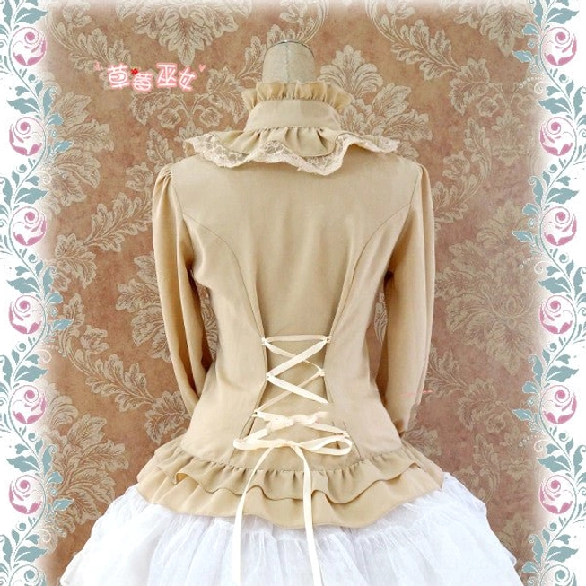 Khaki Lolita stand collar blouse detailed back full view showing complete lace-up corset closure and ruffled bottom hem