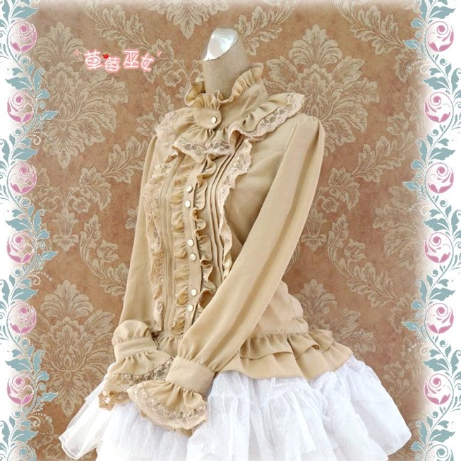 Khaki Lolita stand collar blouse side view showing neutral earth tone fitted silhouette with ruffled long sleeves