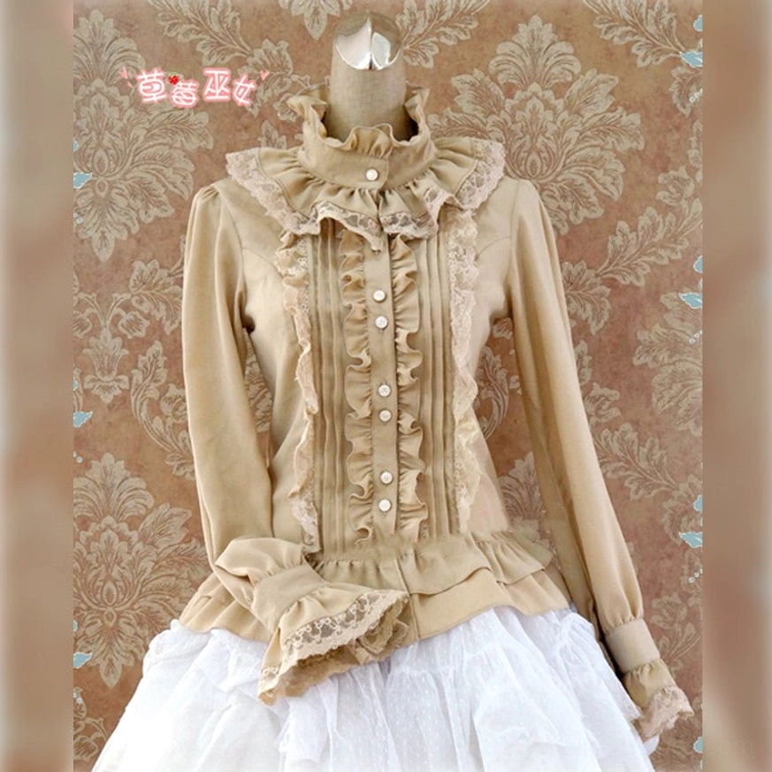 Khaki neutral silk stand collar Lolita blouse front view vintage-inspired earthy tone with ruffled collar and lace accents