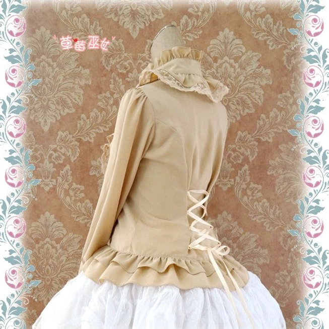 Khaki silk Lolita stand collar blouse back side view displaying vintage aesthetic lace-up waist and ruffled hem