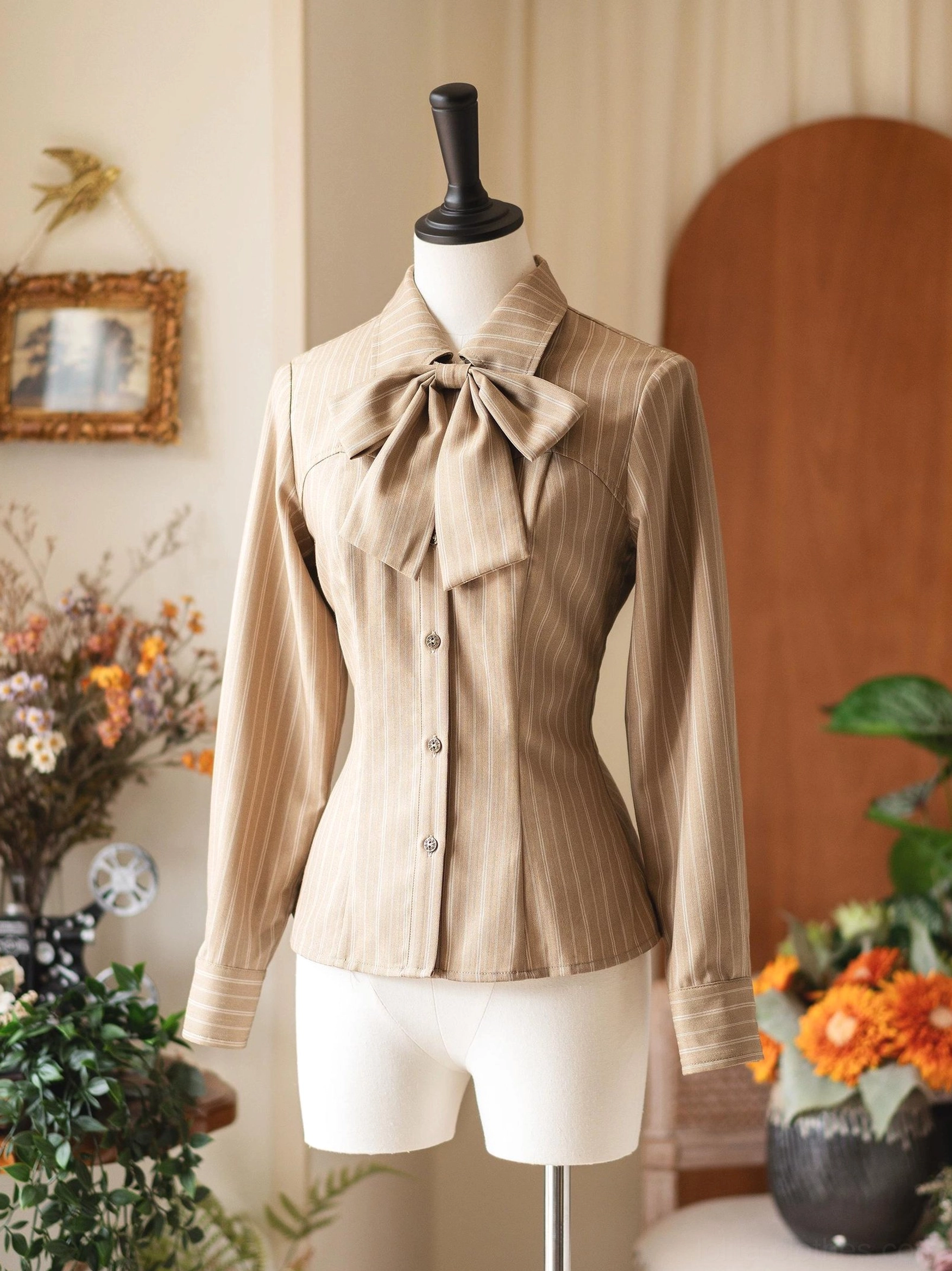 Khaki vertical striped Lolita blouse with large detachable bow tie collar, front full view mannequin, pointed collar tailored slim fit