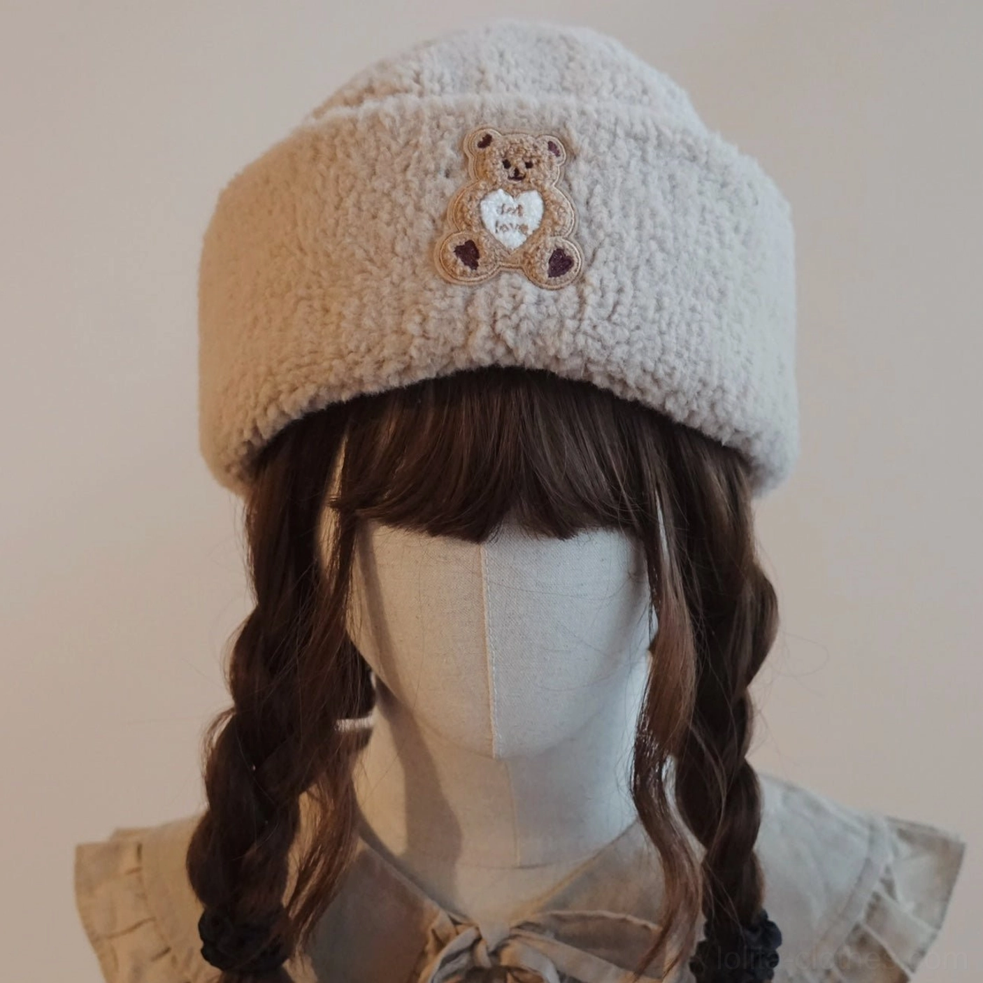 Light khaki tan sherpa fleece landlord beanie with embroidered bear and heart details lolita hat