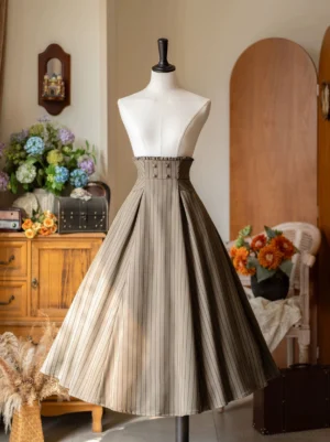 Khaki vertical striped high-waist classic lolita midi skirt with pleated silhouette and studded waistband details, full front view