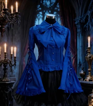 Klein blue gothic lolita cotton blouse with hime sleeves front view featuring large detachable neck bow oversized bell sleeves and lace-up ribbon details Victorian gothic aesthetic