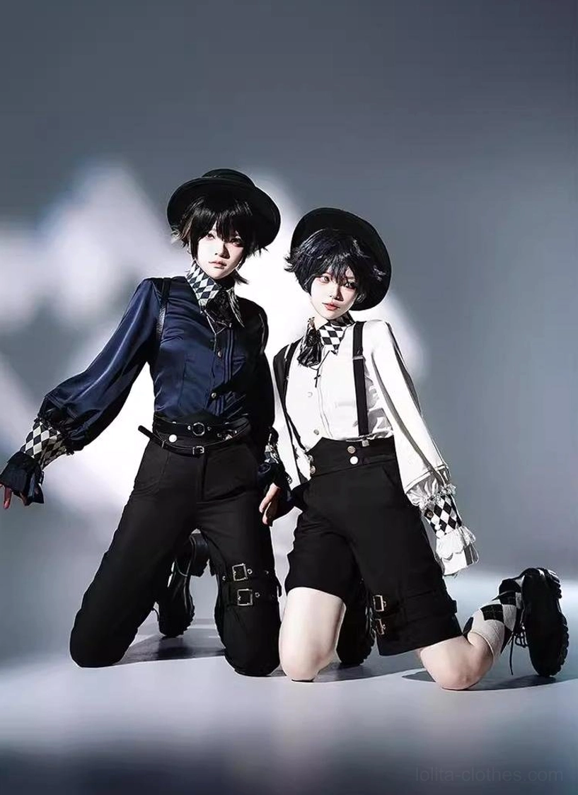 Kneeling pose ouji lolita outfits full body front perspective formal top hats knee patches