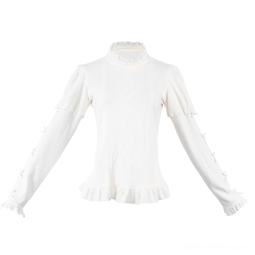 Knitted inner layer white soft stretch top for Christmas plaid lolita set, diamond pattern detail, sleeve bows, four-way stretch fabric technology