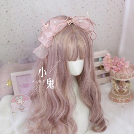 Korea pink sweet lolita bow hair clip with ruffled organza and star metal ornament vibrant pink headdress