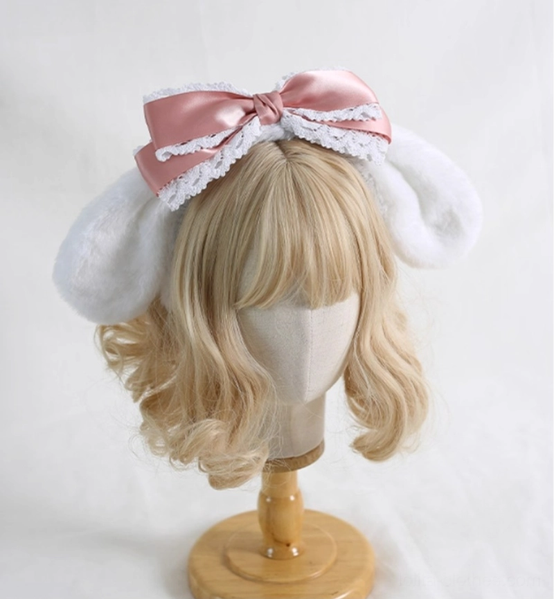 Korean soft pink Cinnamoroll plush ear lolita hairband with pink satin bow white lace trim displayed on blonde wig mannequin stand