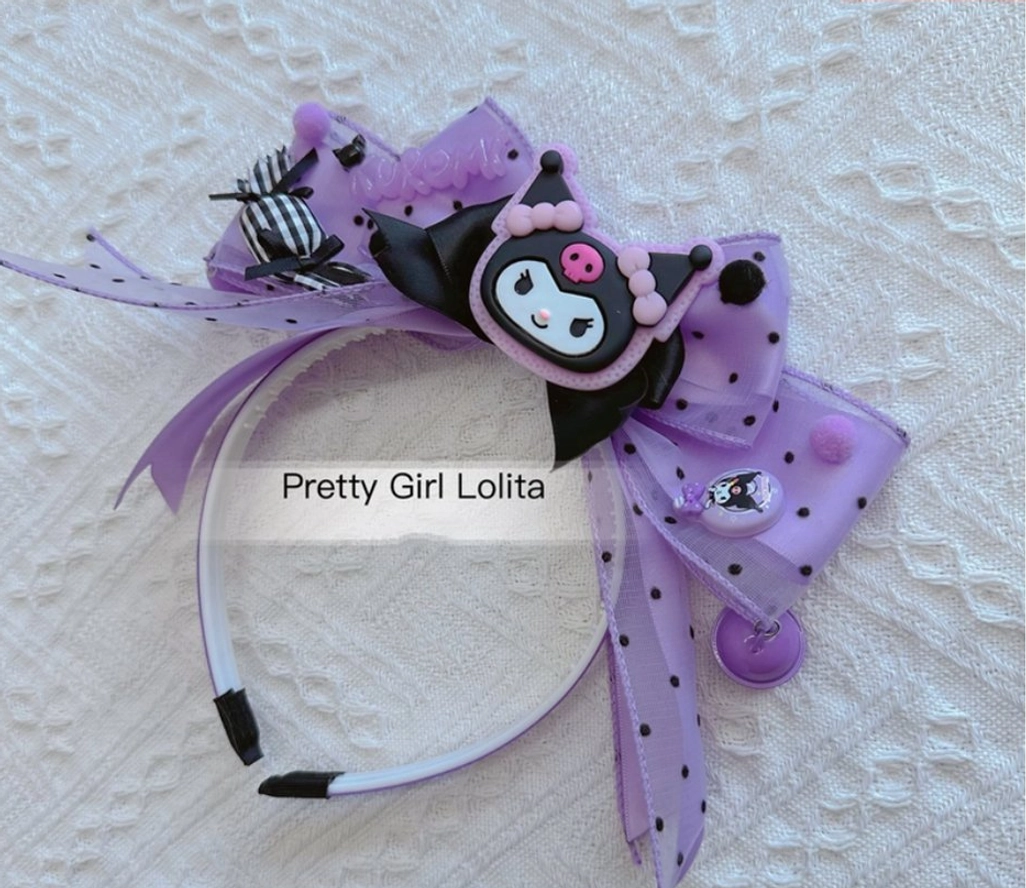 Kuromi cat ear Lolita voile headband purple black color scheme polka dot tulle bow with hanging bell decoration side view