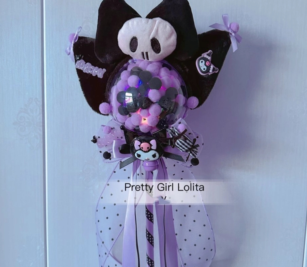 Kuromi glowing LED magic wand Lolita accessory with illuminated orb skull cat ear bow and polka dot tulle streamers evening wear