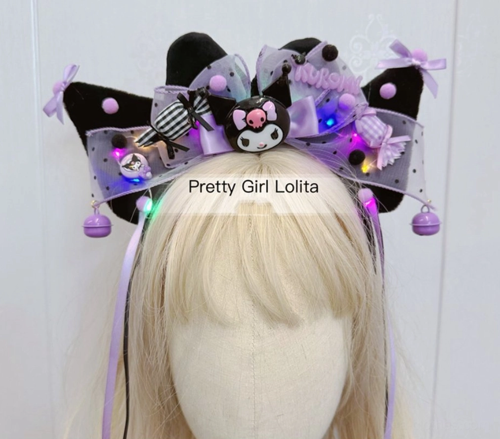 Kuromi purple black Lolita character accessory set styling guide coordinated pieces with headdress hair clips bells resin badges