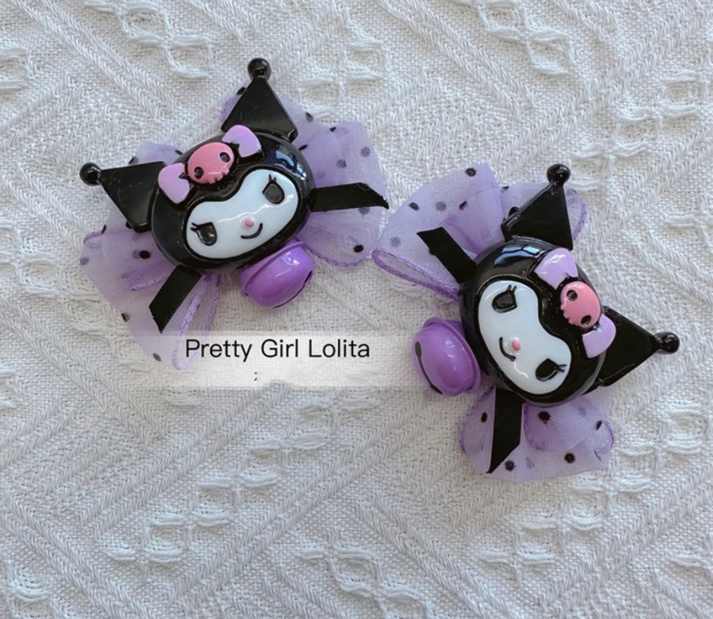 Kuromi themed bow hairpins set of 2 with 3D resin face large matte purple bells black pom-pom accents shoe clips
