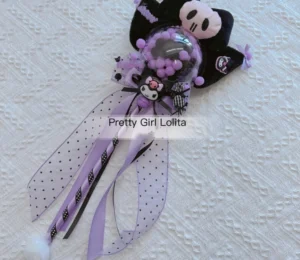 Kuromi themed Lolita magic wand with skull cat ear bow transparent bead filled orb and polka dot tulle streamers character accessory