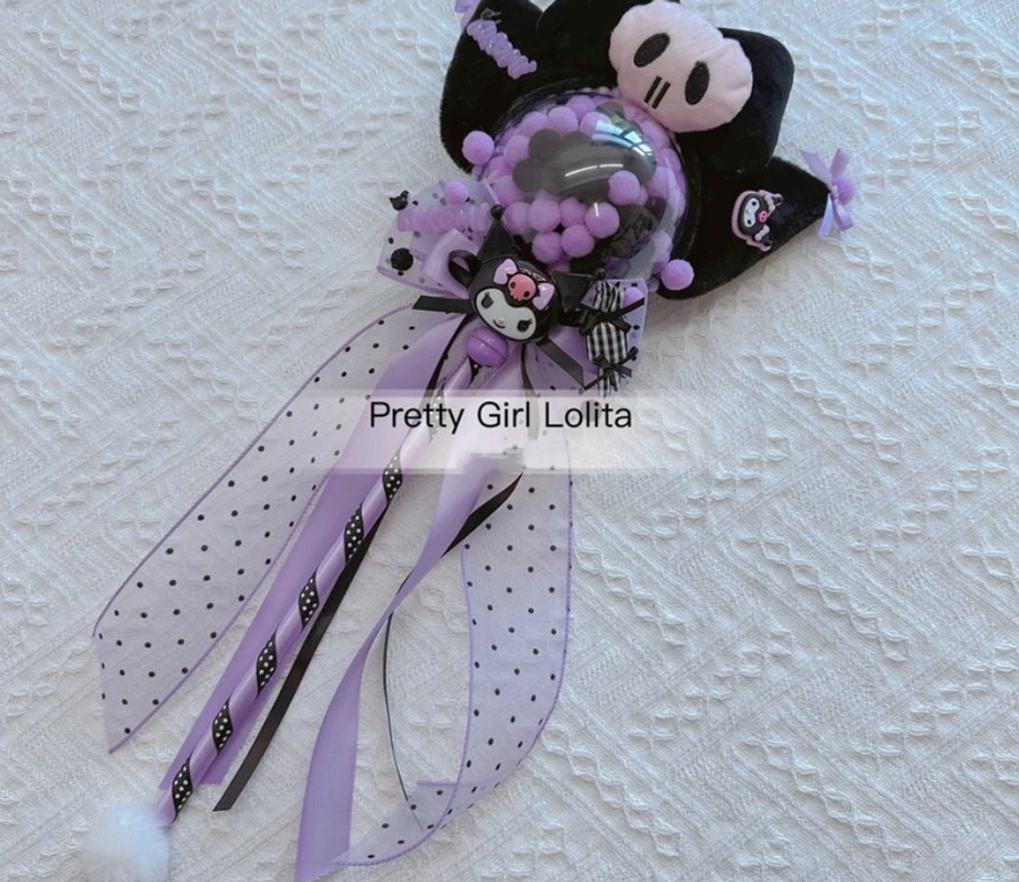 Kuromi themed Lolita magic wand with skull cat ear bow transparent bead filled orb and polka dot tulle streamers character accessory