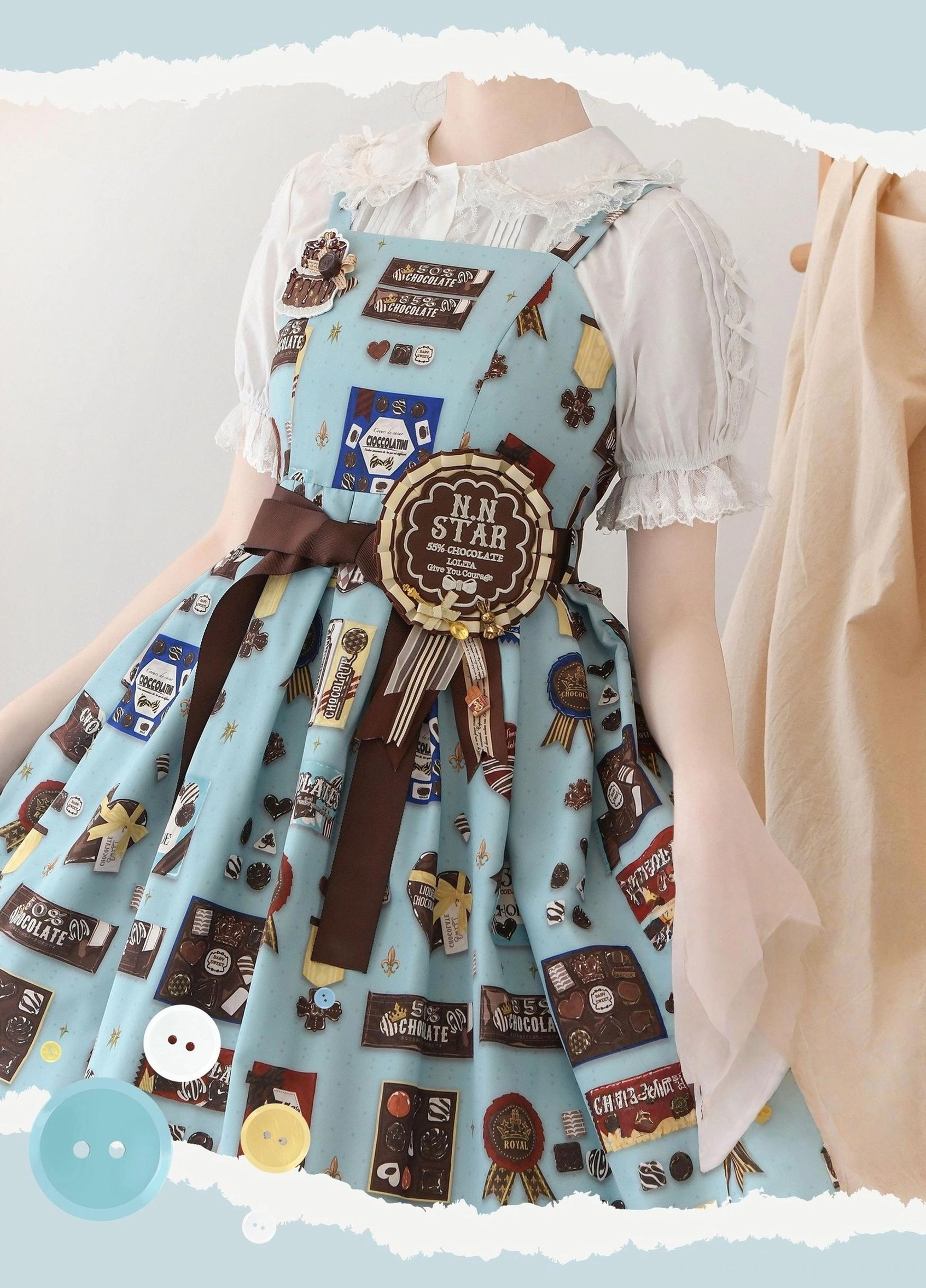Detailed view of lace collar construction and sleeve gathering on sweet lolita blouse showing garment quality